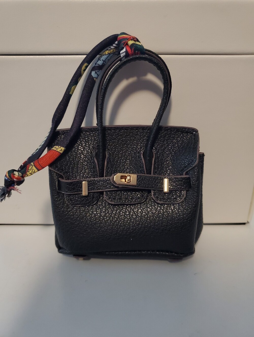 Mini Bag Charm - Black Pebbled Leather Top-Handle Bag with Gold Hardware